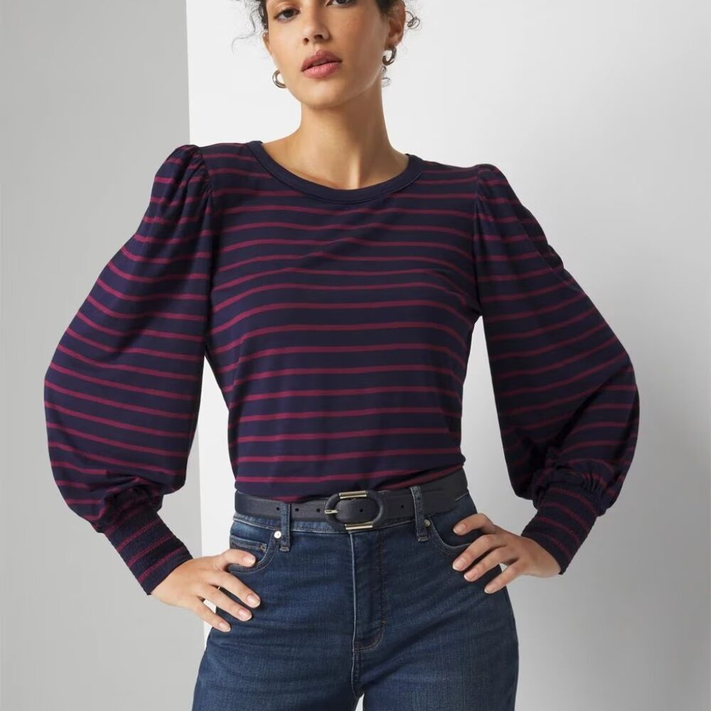 White House Black Market WHBM  Long Sleeve Tee Striped Smocked Cuff Top NWT